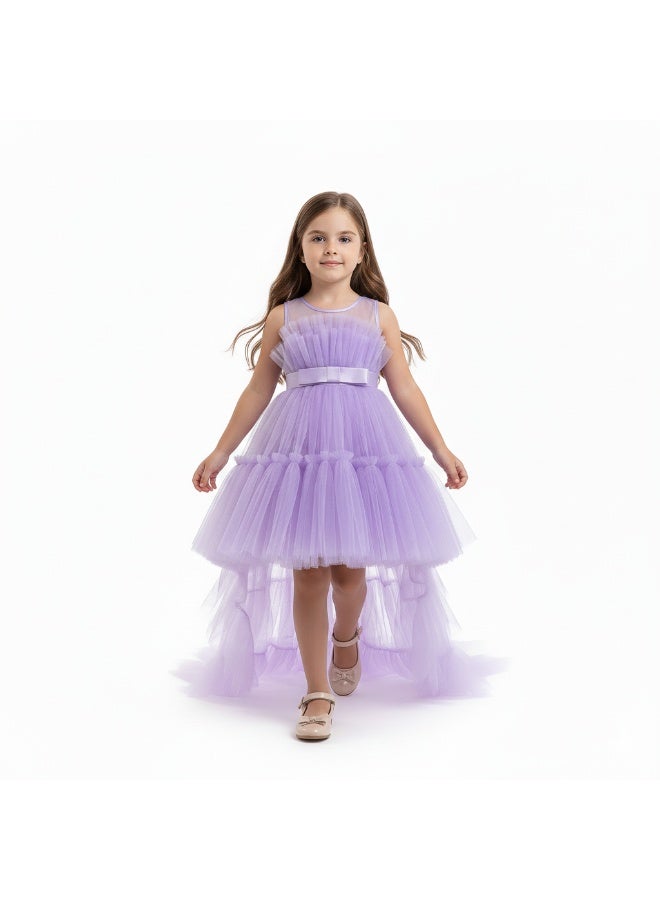 D'Daniela Toddler Girls Bow Front Ruffle Hem Mesh Gown Dress with long tail - Purple - Image 3